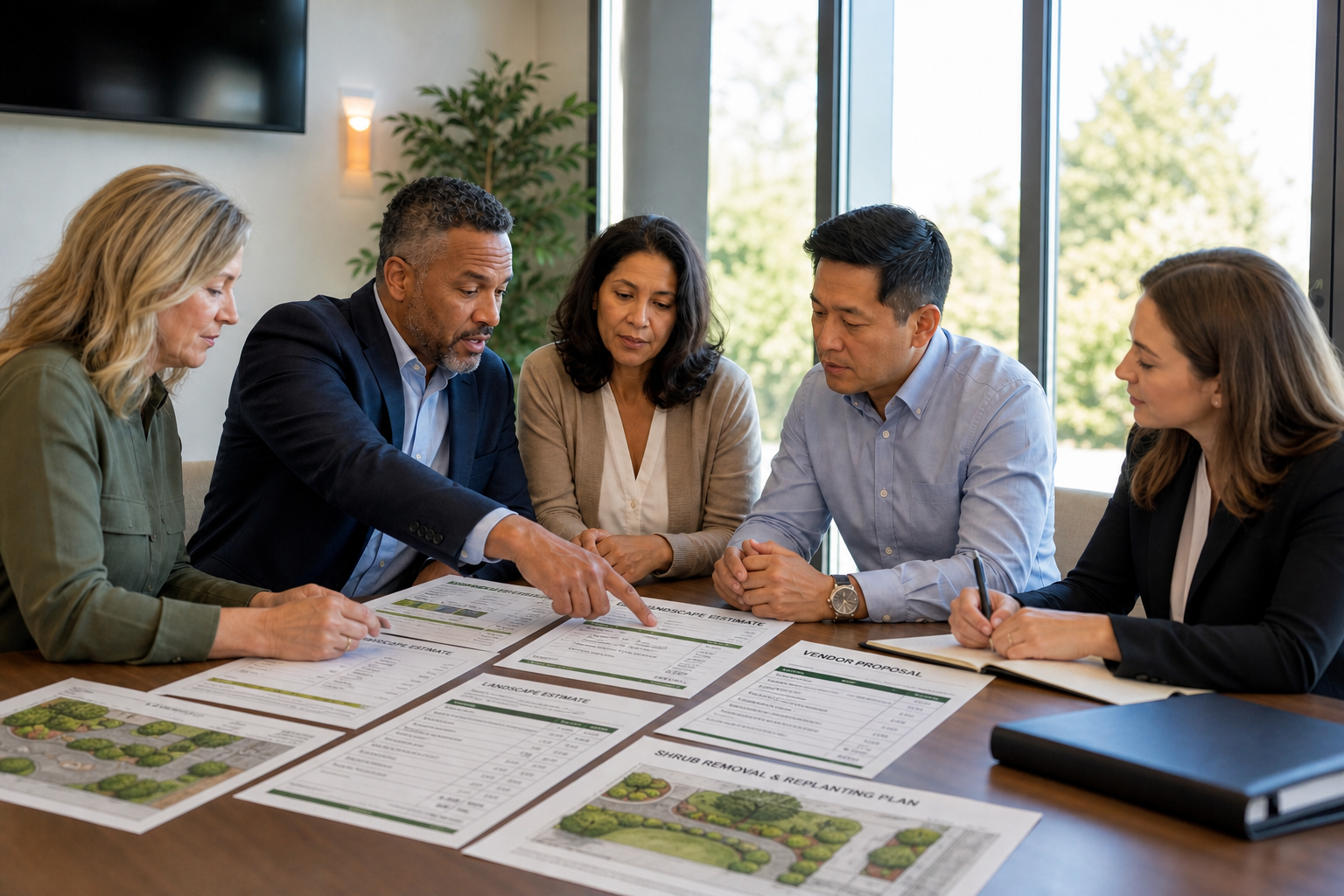 HOA board reviewing competing landscaping bids representing vendor relationship and due diligence balance