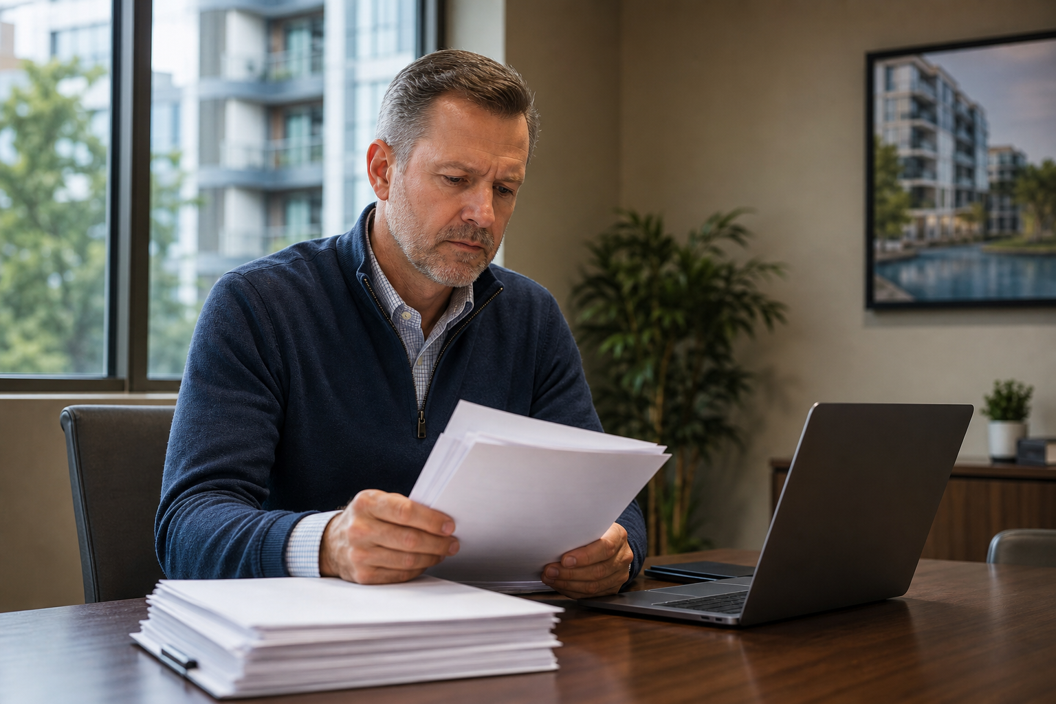 Condo association board president reviewing interim management documents after community manager departure