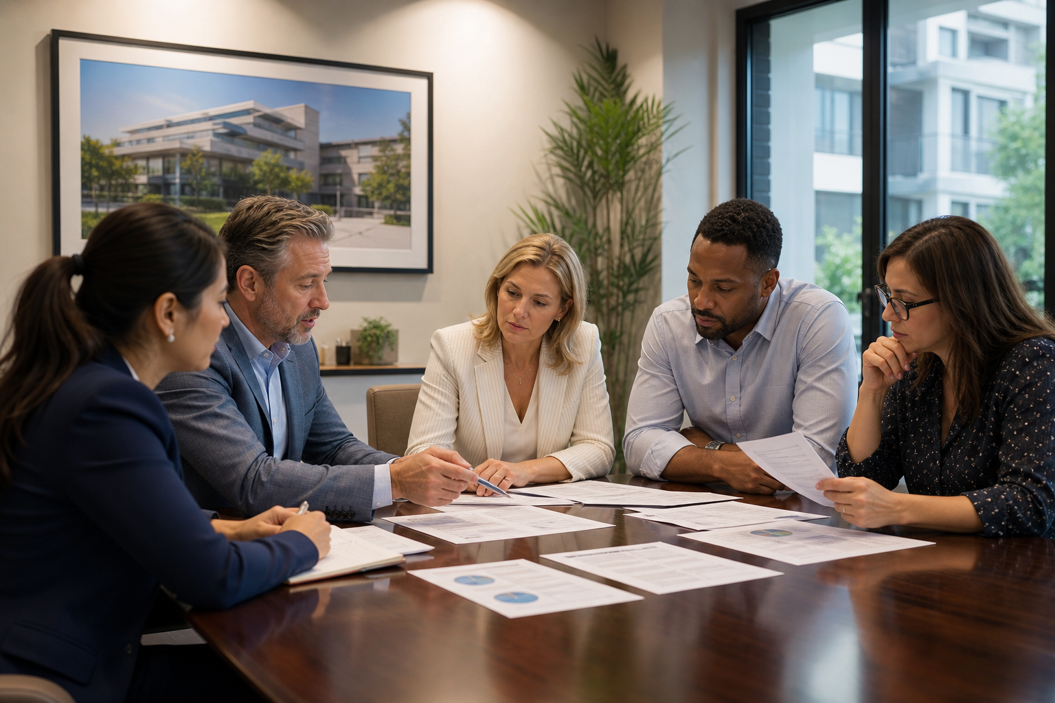 Condo association board reviewing water and sewer line insurance policy documents for community coverage