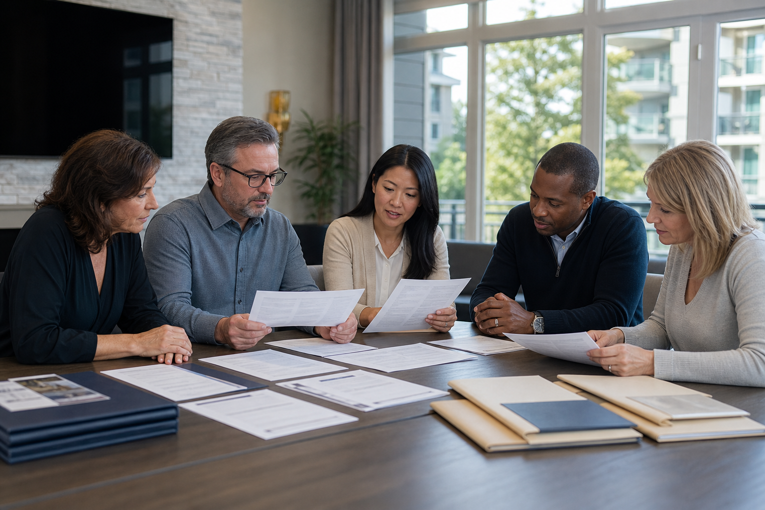 Condo association board reviewing a vendor recommendation list with disclaimer documents for homeowner welcome packets