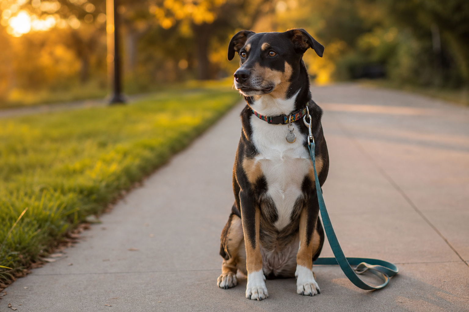 Dog on a leash with a registration tag representing HOA pet registration identification system