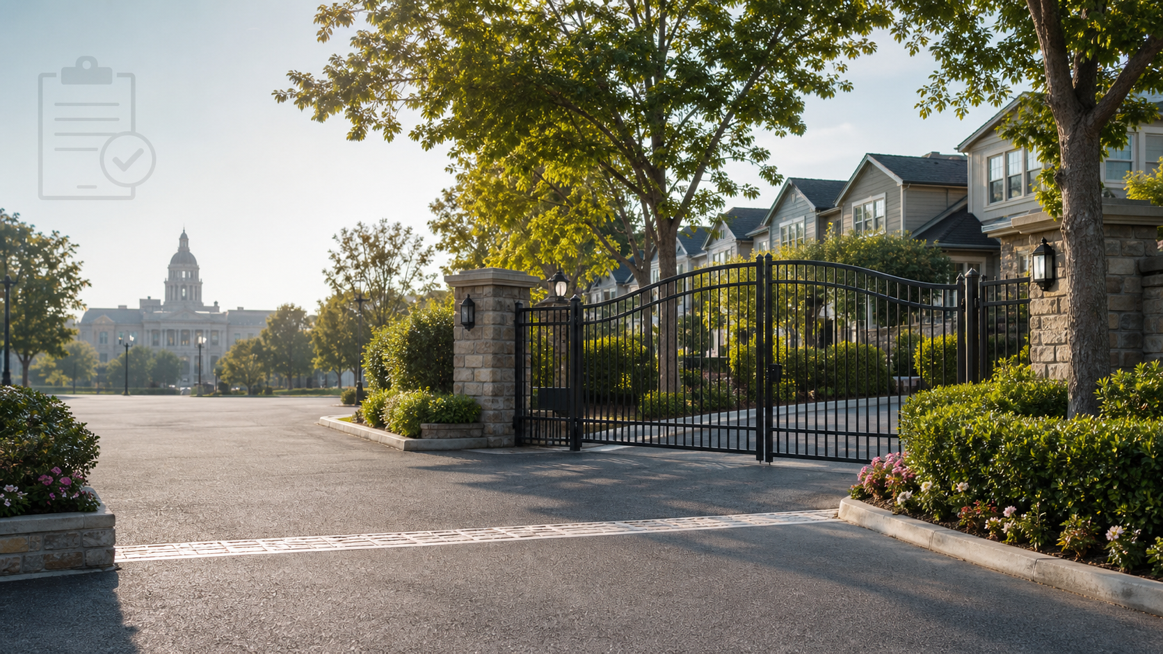 Gated private road in an HOA community representing revocable city approval and homeowner property rights