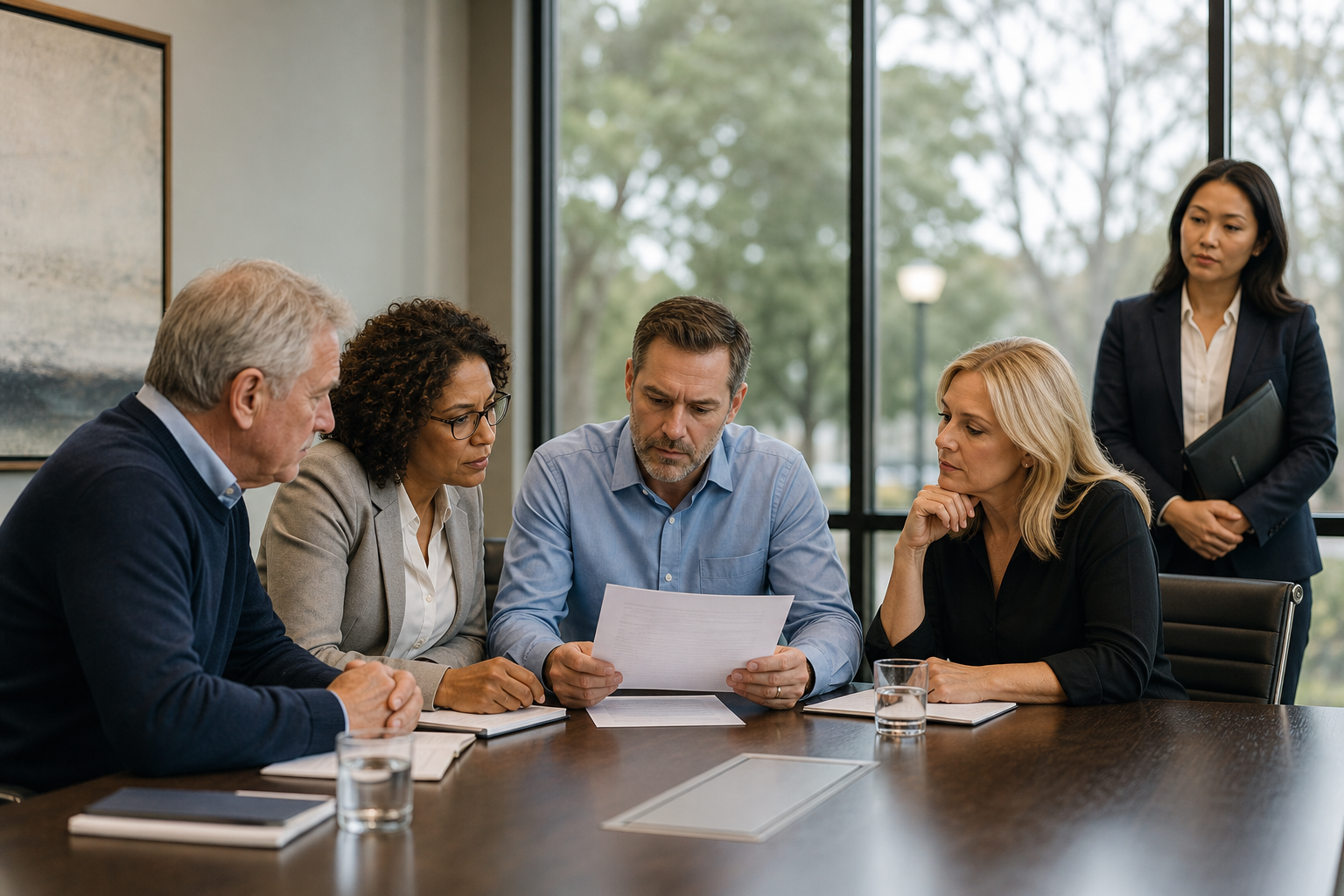 Real estate agent and HOA board member reviewing management contract documents representing dual role conflict of interest