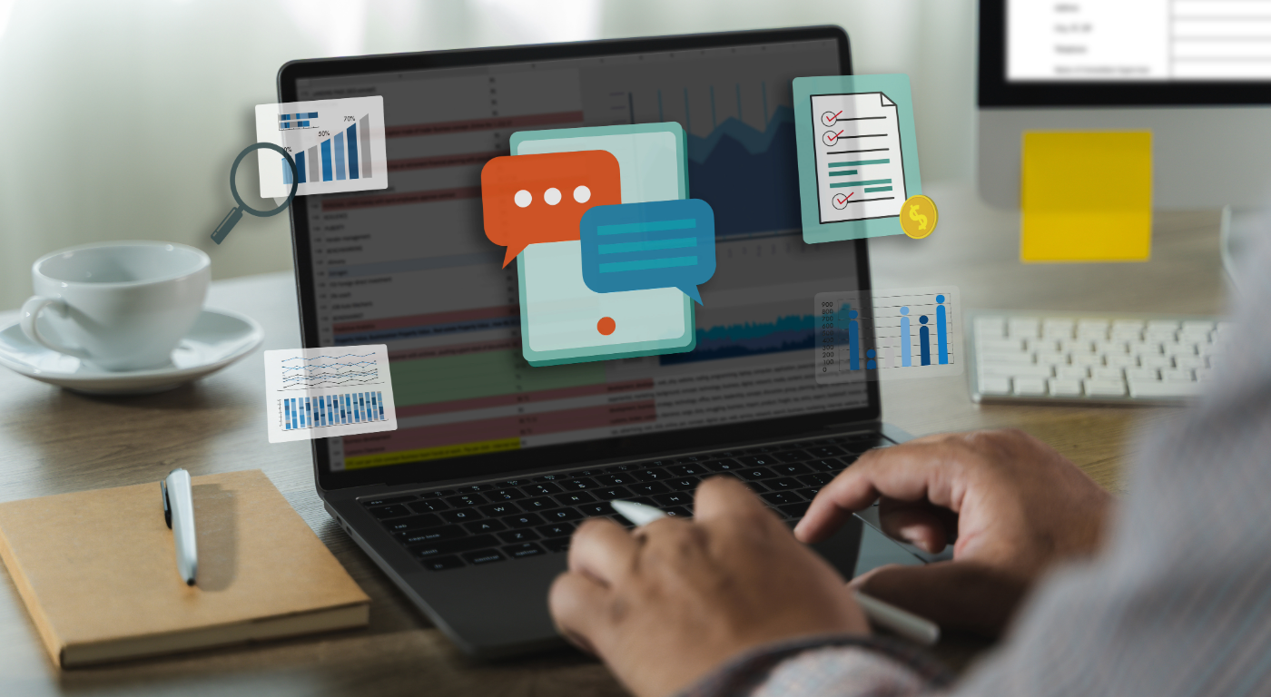 Person using a laptop to access digital documents, charts, reports, and communication tools, representing transparency and access to condominium information via an online portal.