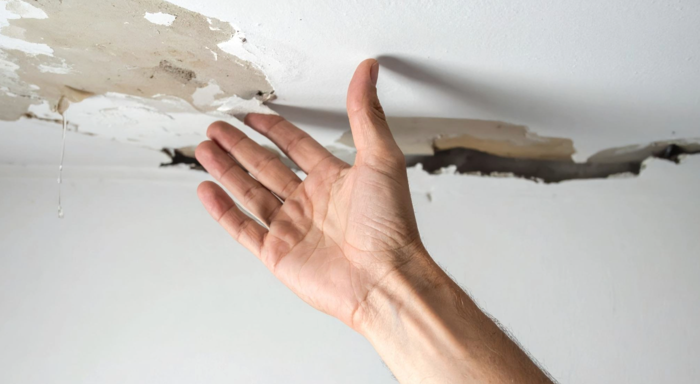 Water-damaged drywall inside a condominium unit awaiting repair