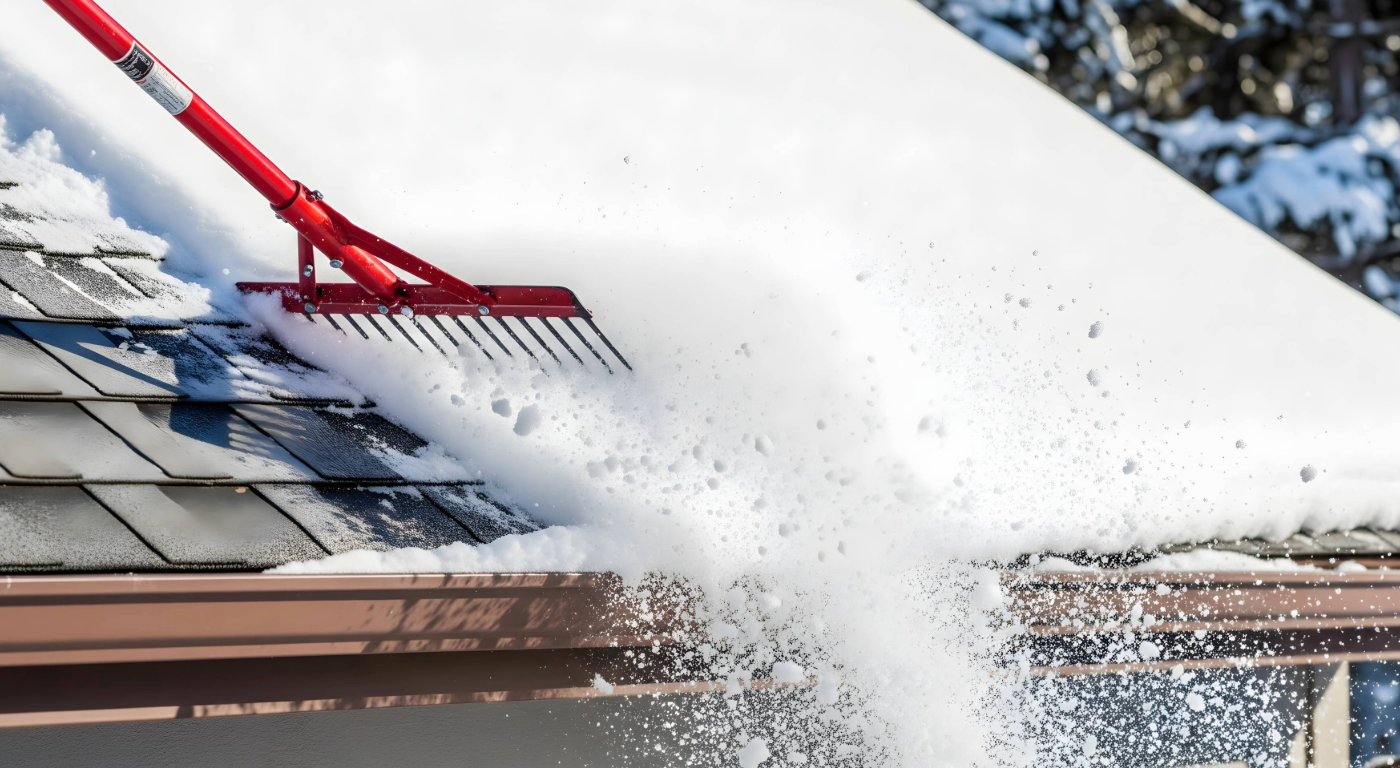Snow accumulation on a condominium roof blocking a furnace vent, creating a potential carbon monoxide hazard