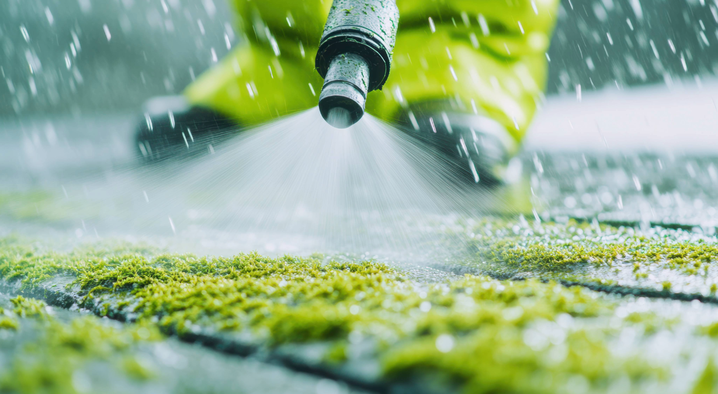 A deteriorated condo deck with mold, weeds between boards