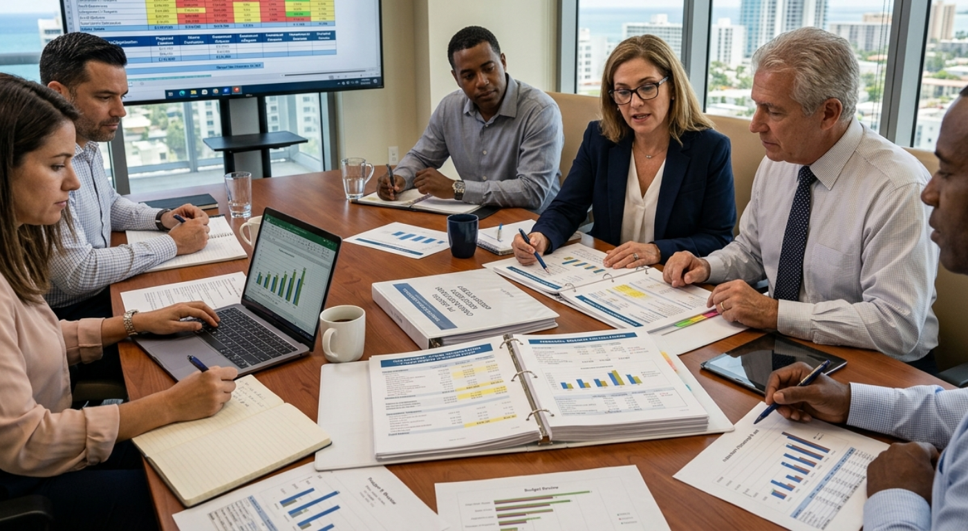 Condo board reviewing financial reserve calculations and budget documents