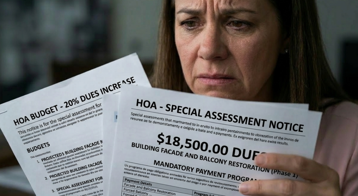 Concerned homeowner reviewing HOA assessment notice and payments while questioning how funds are being handled